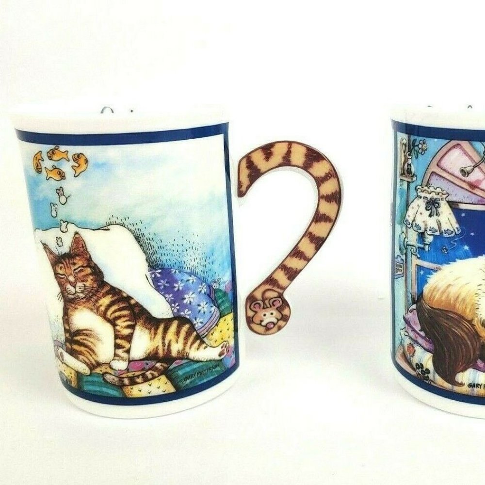 Comical Cats Porcelain Collector Mugs "Cat Nap" and "Spoiled Rotten" - New